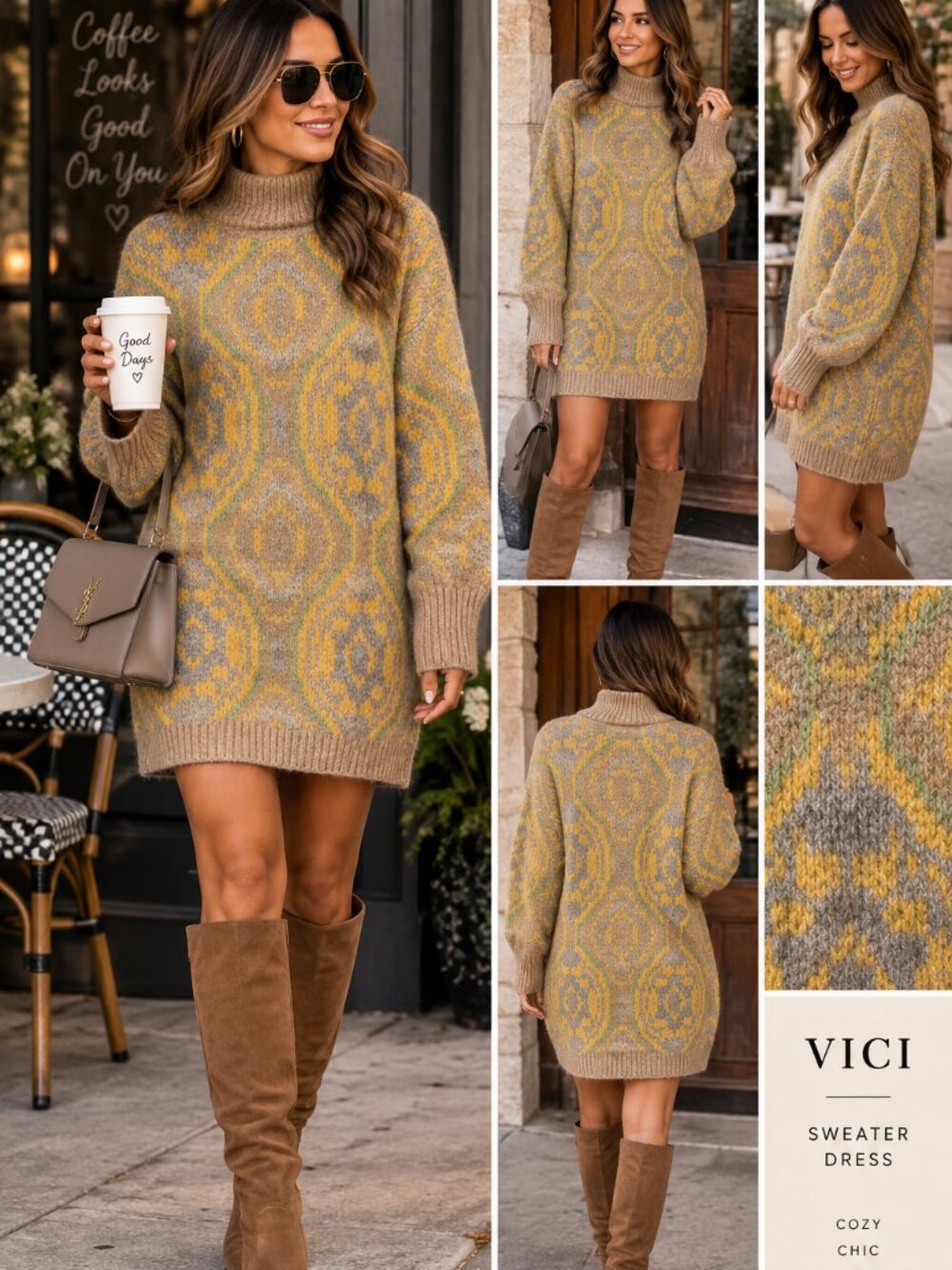 VICI Gillie Abstract Mock Neck Mini Sweater Dress S Fall Geometric Cozy